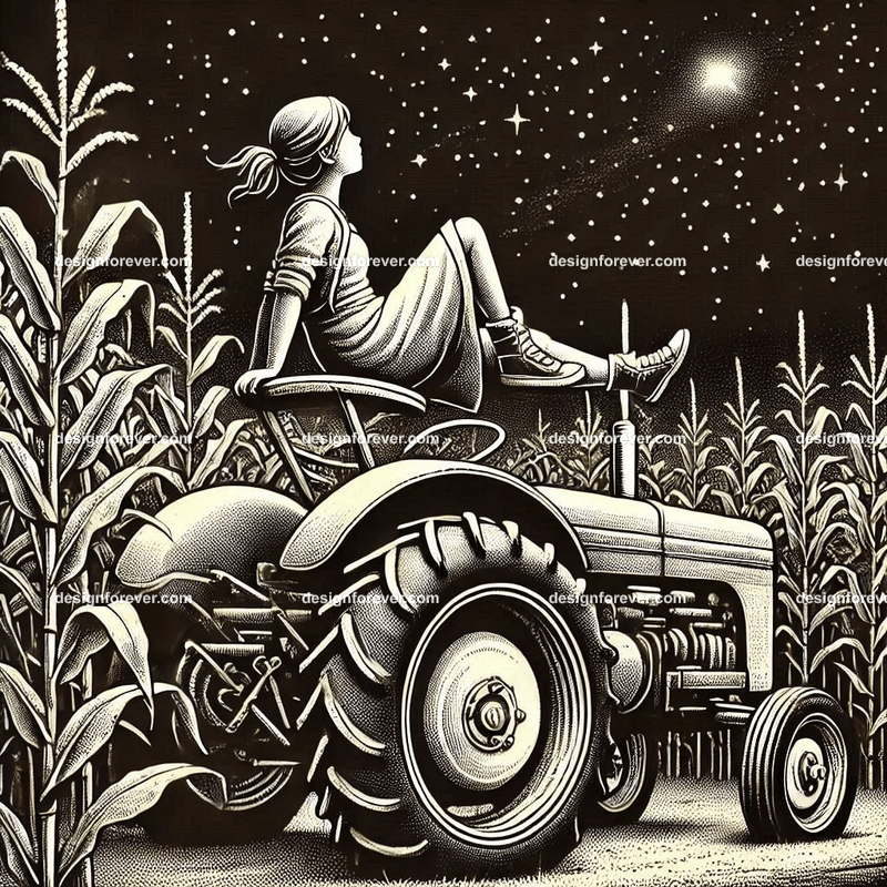 girl lying in corn field on top of tractor staring at sky at night