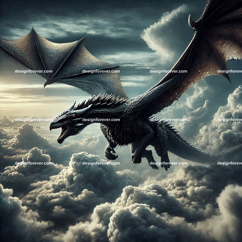 The flight of the dragons above majestic clouds and extreme frontal closeup of a dragon and strong highlights
