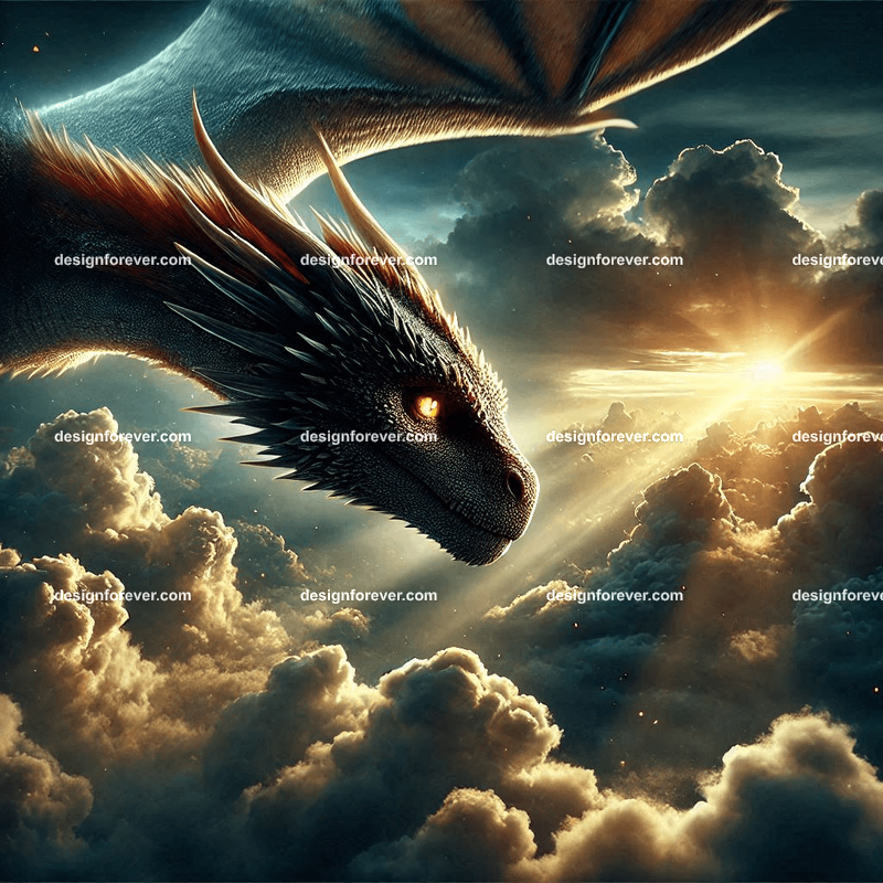 The flight of the dragons above majestic clouds and dark sky