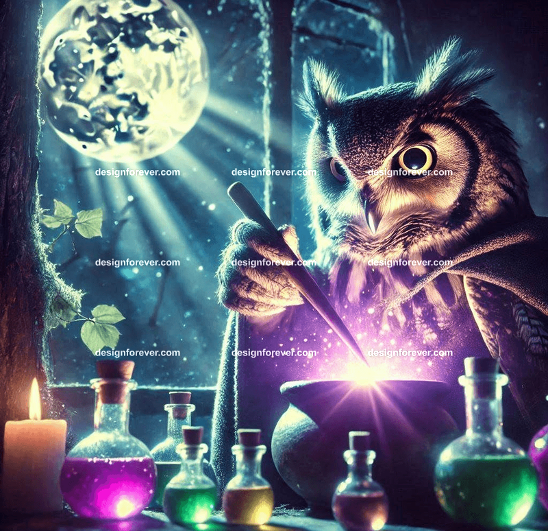 A raven with a star glowing in its beak, flying through a twilight sky over a mystical forest