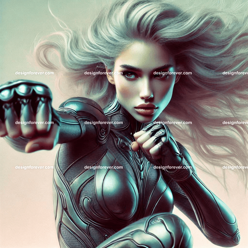 fierce woman in body suit armor punch attack