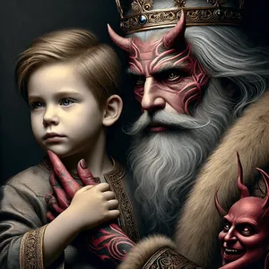 the evil king and his demon advisor against poor child