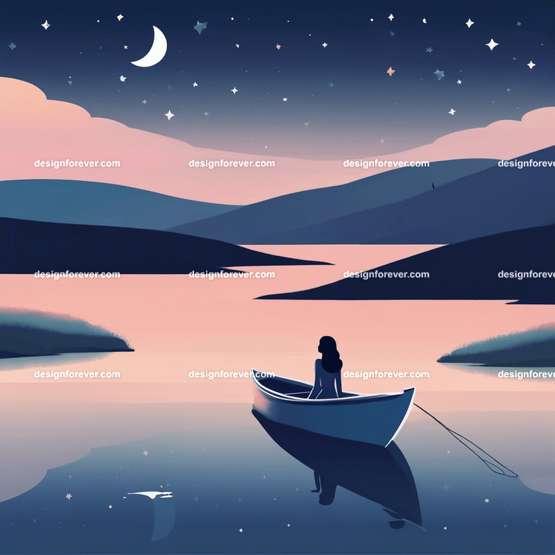 young woman on kayak on calm lake deep dark blue evening sky with stars