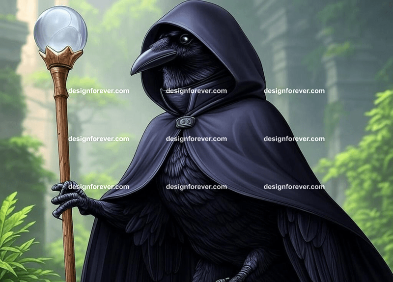Mysterious raven in a dark hooded cloak