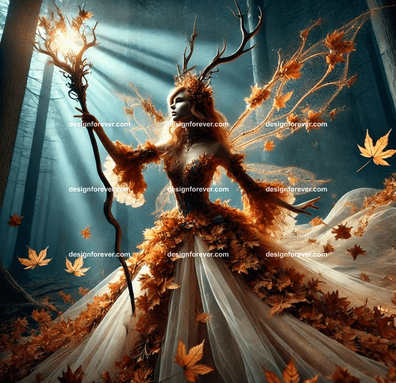 A regal fairy queen with antlers and a dress made of autumn leaves, holding a glowing staff in a magical forest
