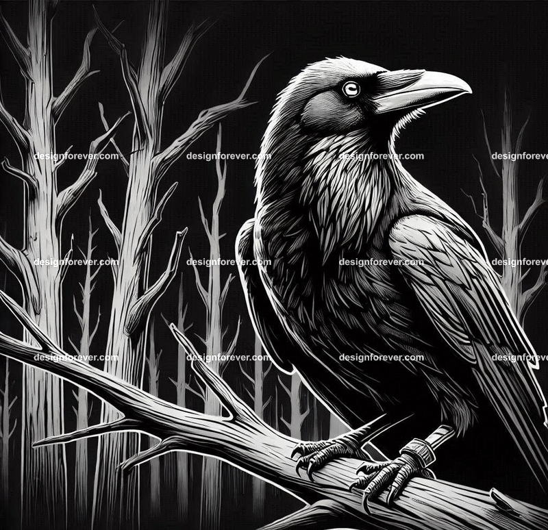 crow on a dead branch in creepy dark woods with dead trees