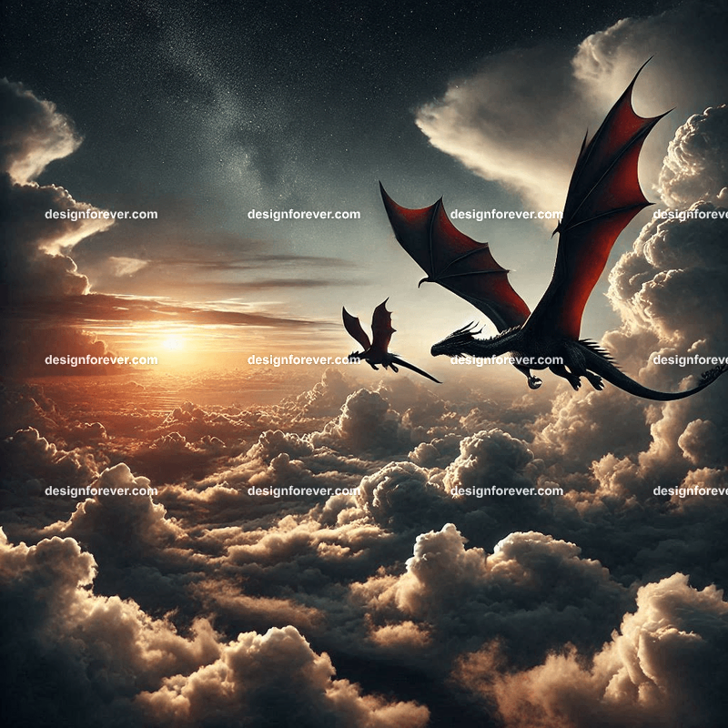 The flight of the dragons above majestic clouds and dark sky