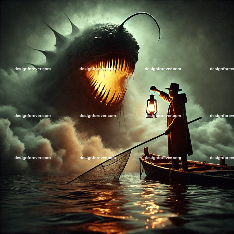 fisherman at sea with lantern peering into dark fog shape of monster Masterful photo