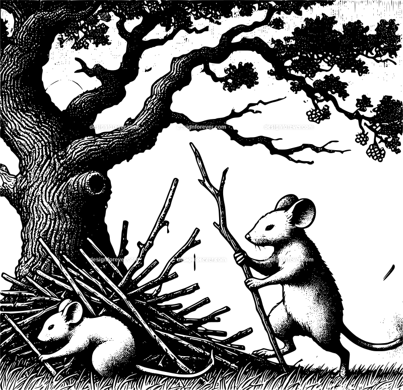 anthromorphic mouse gathering sticks next to old oak tree