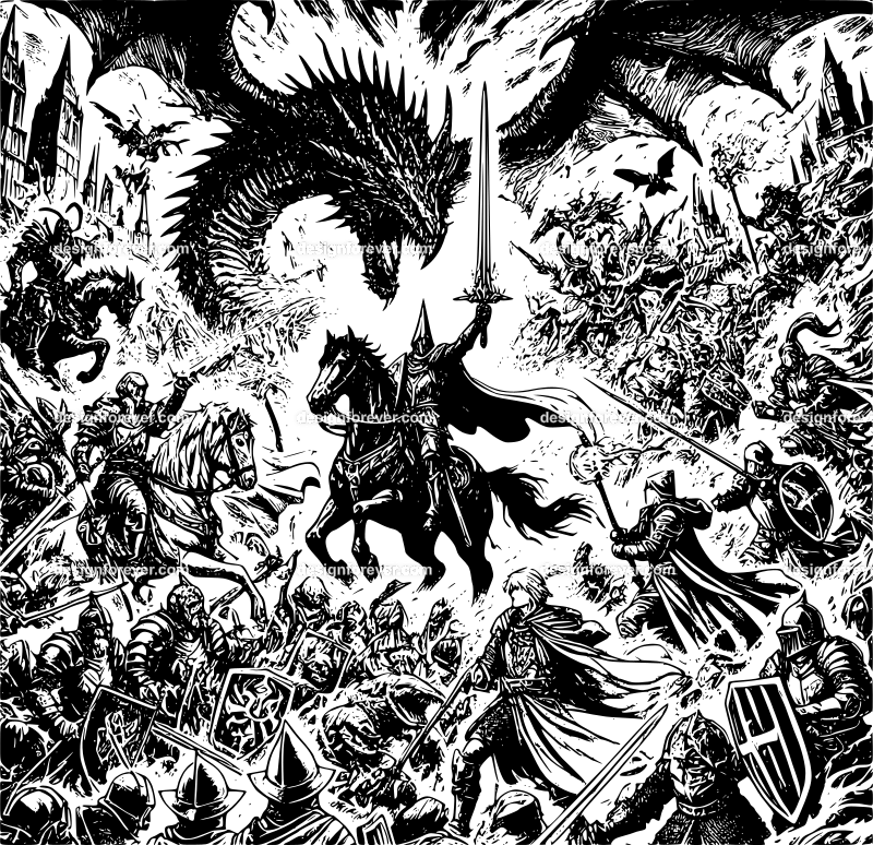 epic scene of wizards and knights and elves fighting against raging horde of monsters