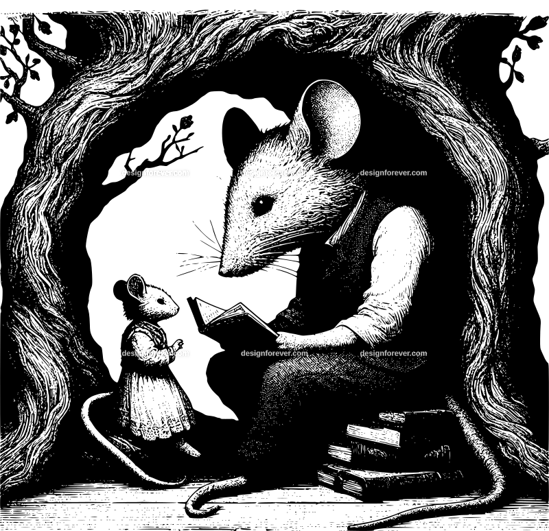 anthromorphic mouse teaching his daughter how to read in his living room inside an old oak tree