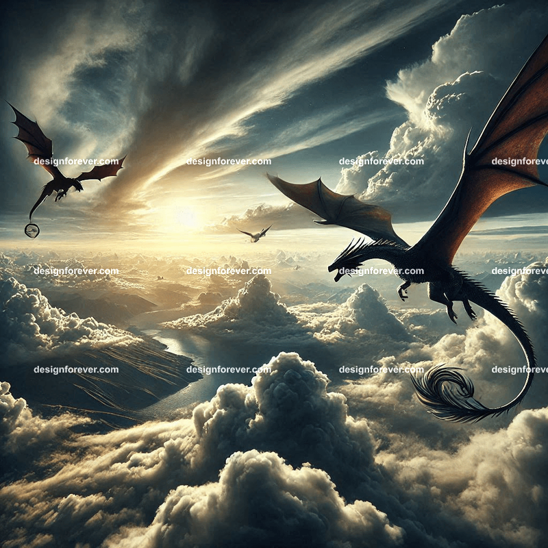 The flight of the dragons above majestic clouds