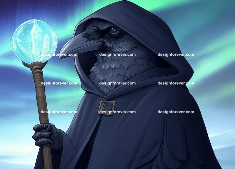 Mysterious raven in a dark hooded cloak