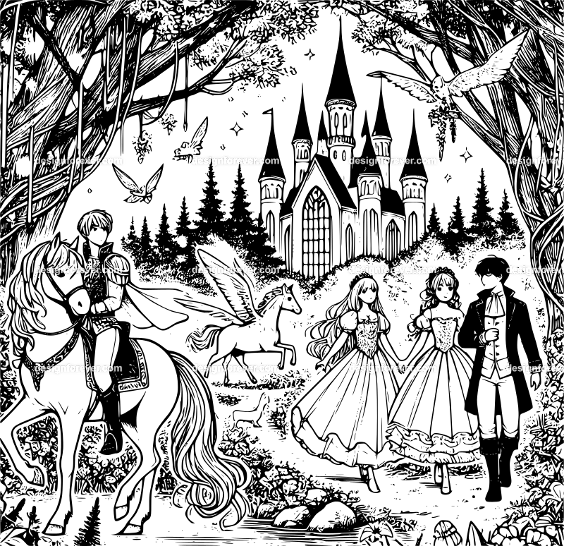 a magical forest and princess and unicorn and prince