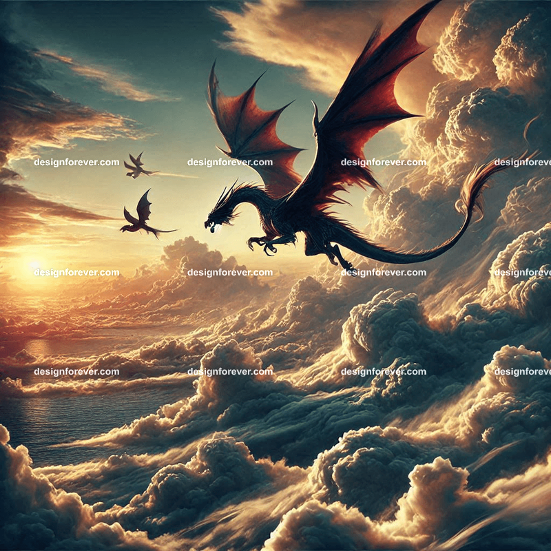 The flight of the dragons above majestic clouds