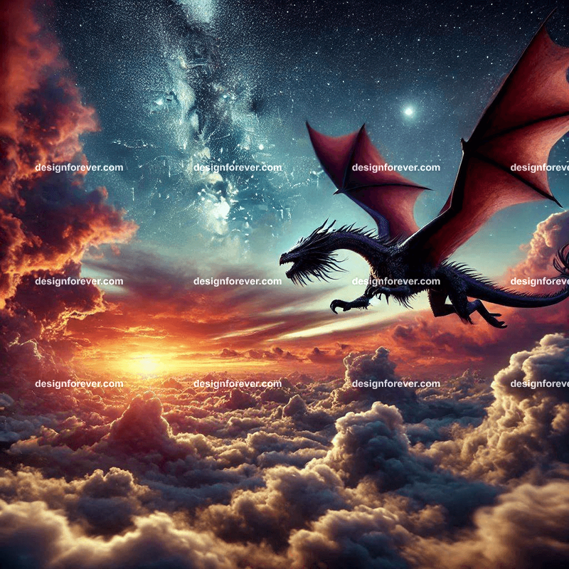 The flight of the dragons above majestic clouds and twilight sky stars