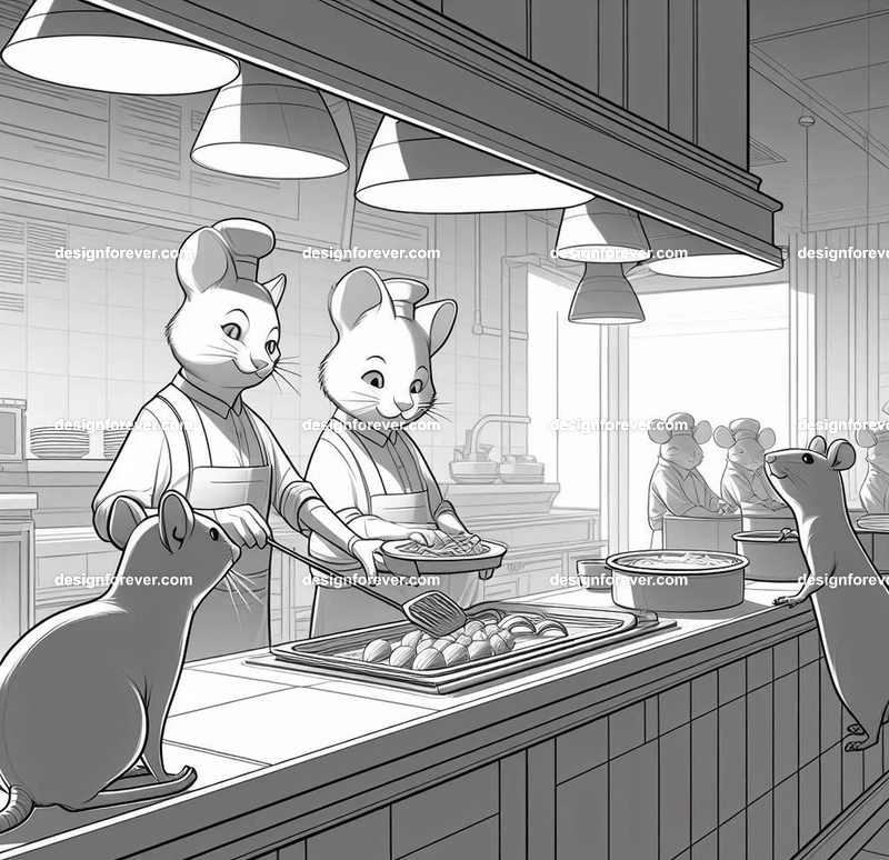 Anthropomorphs cats server food to rat customers at a restaurant