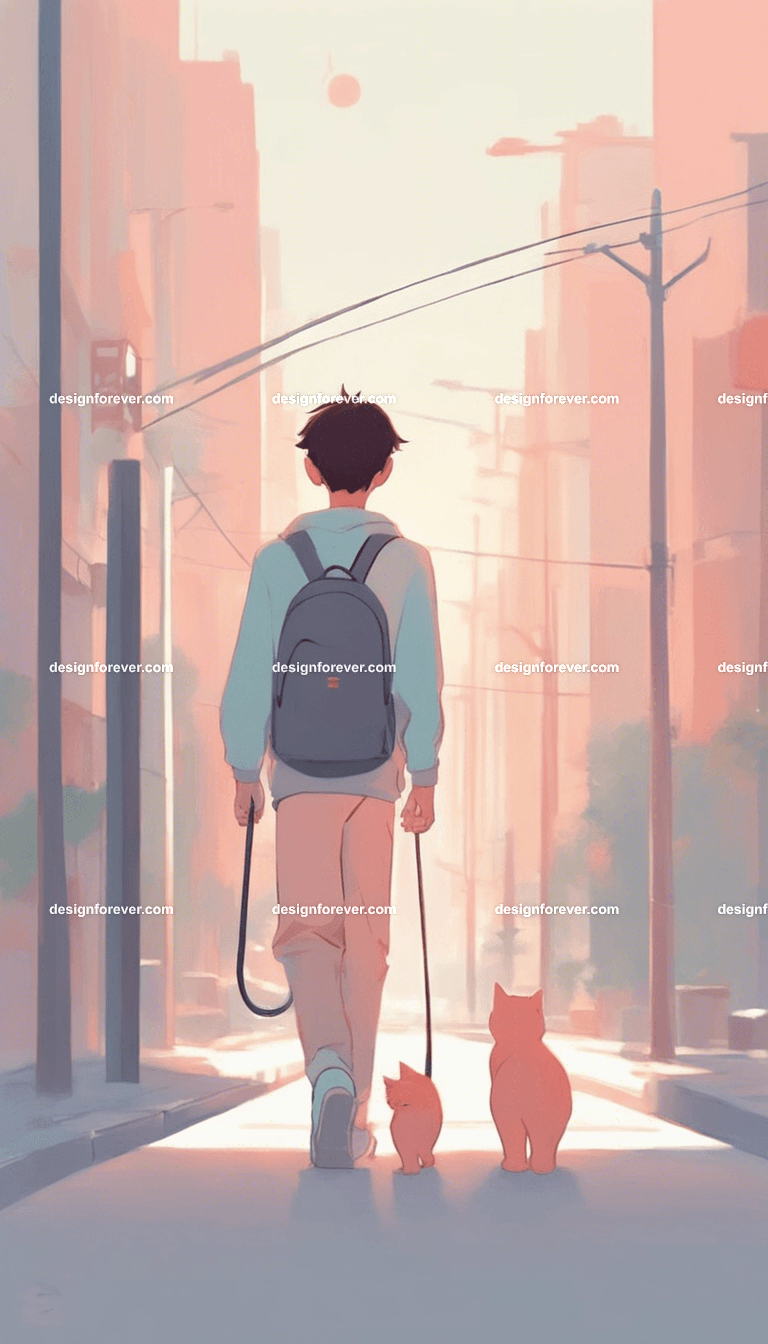 boy and his cat walking home
