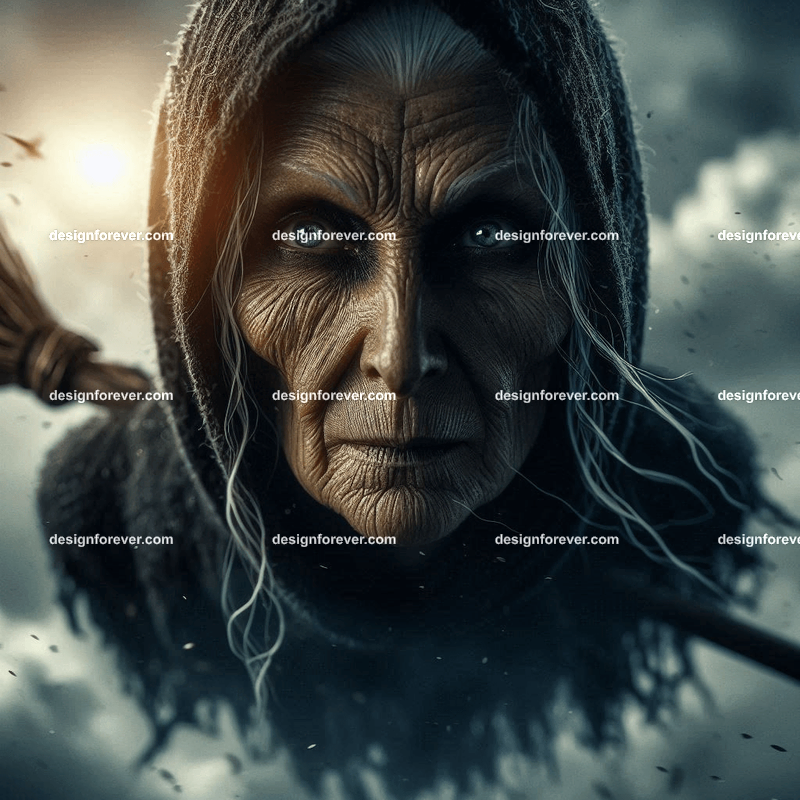 flight of witches in broomsticks in the skies