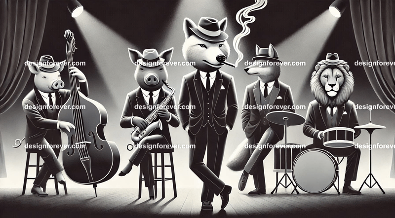 Anthropomorphs pigs and wolves and lions as 1920s jazz musicians with suits, fedoras, and instruments in dark smoky room