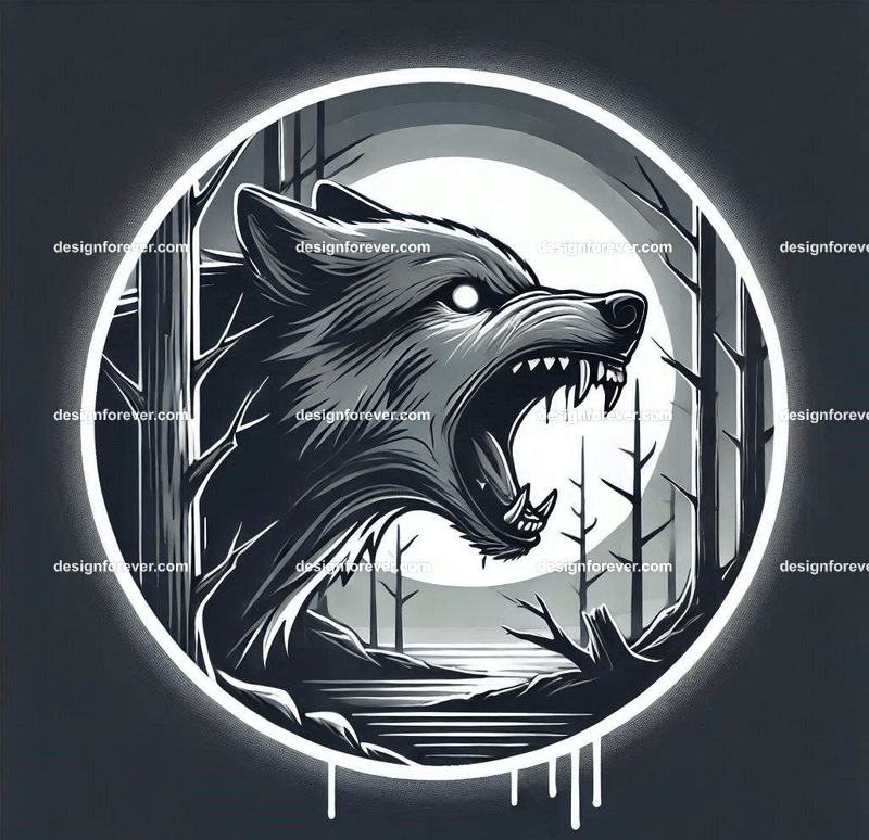 A wolf baring its teeth in a creepy forest with dead trees, barely visible except for its bright eye masked within perfect circle