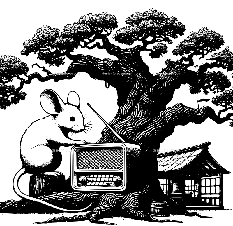 anthromorphic mouse fixing radio in his living room inside an old oak tree