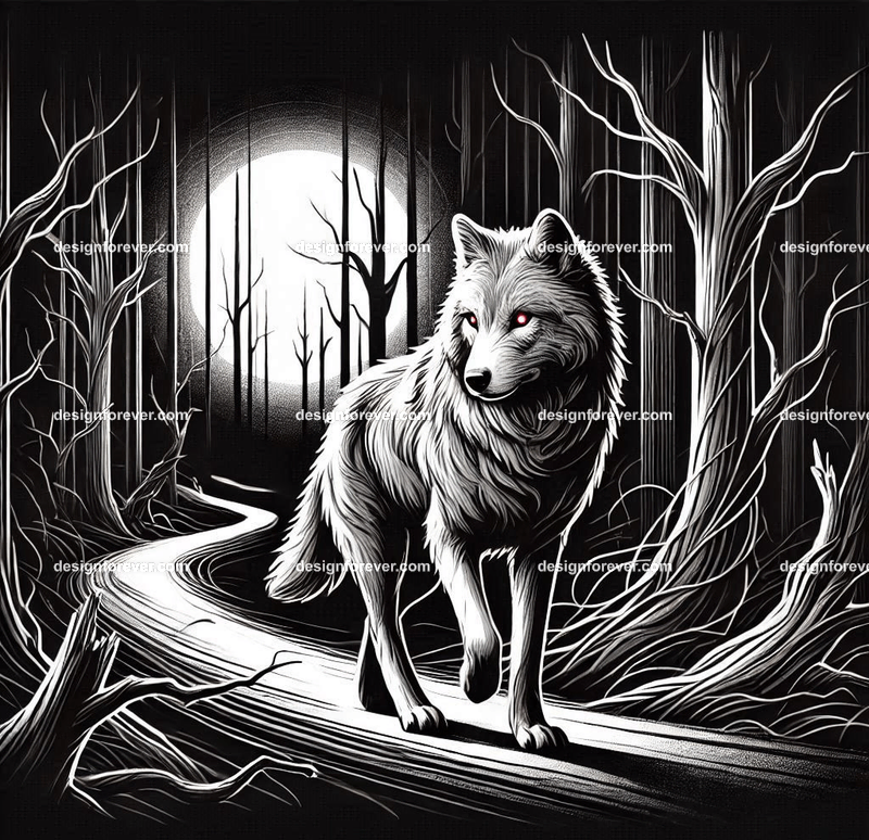 a wolf walking on a windy path in creepy dark woods with dead trees