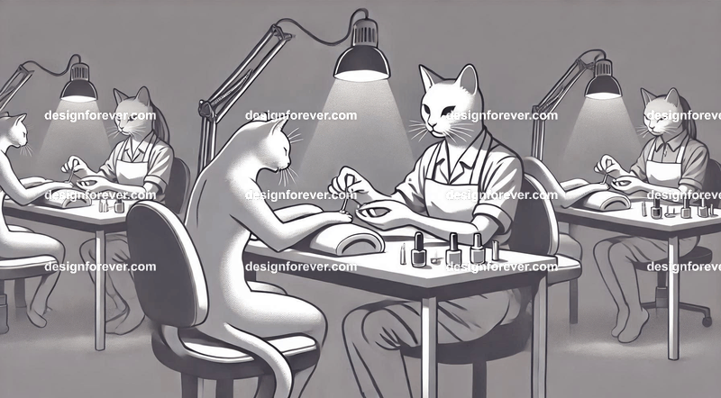 Anthropomorphs cats doing nails in nail salon for people