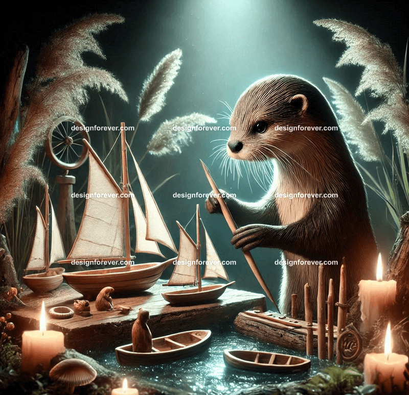 An otter crafting miniature boats from driftwood, surrounded by enchanted tools and glowing river reeds