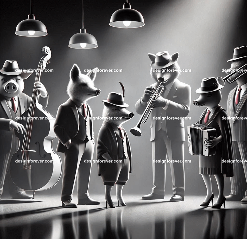 Anthropomorphs red riding hood and pigs and wolves as 1920s jazz musicians with suits, fedoras, and instruments in dark smoky room