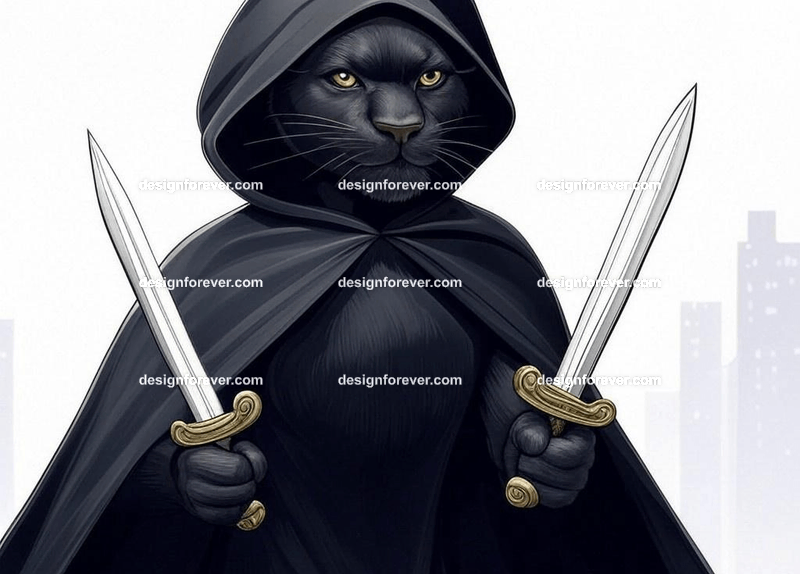 Sleek panther dressed in a dark hooded cloak