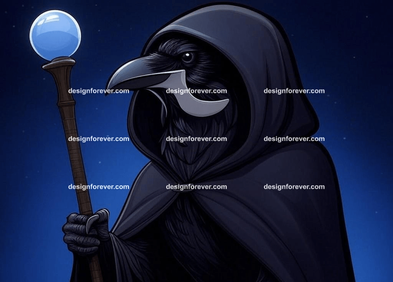 Mysterious raven in a dark hooded cloak