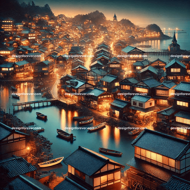 japanese seaside village at night city life extreme contrast