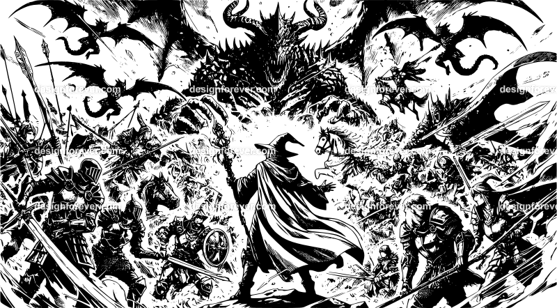 epic scene of wizards and knights and elves fighting against raging horde of monsters