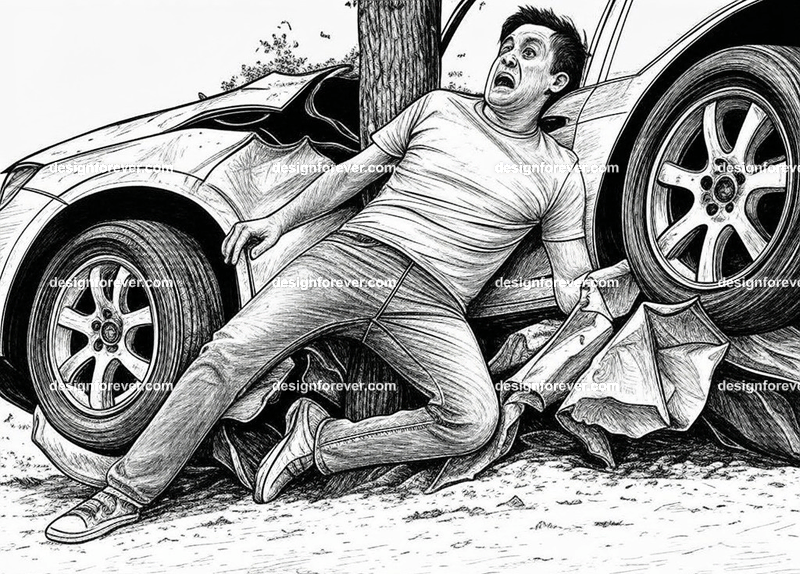 man crashing his car into tree and panicking