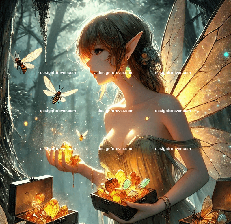A fairy collecting ancient amber pieces, each containing trapped glowing insects, in an overgrown forest