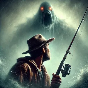 closeup of fisherman frightened with panic staring into abyss fog shadow of sea monstrosity