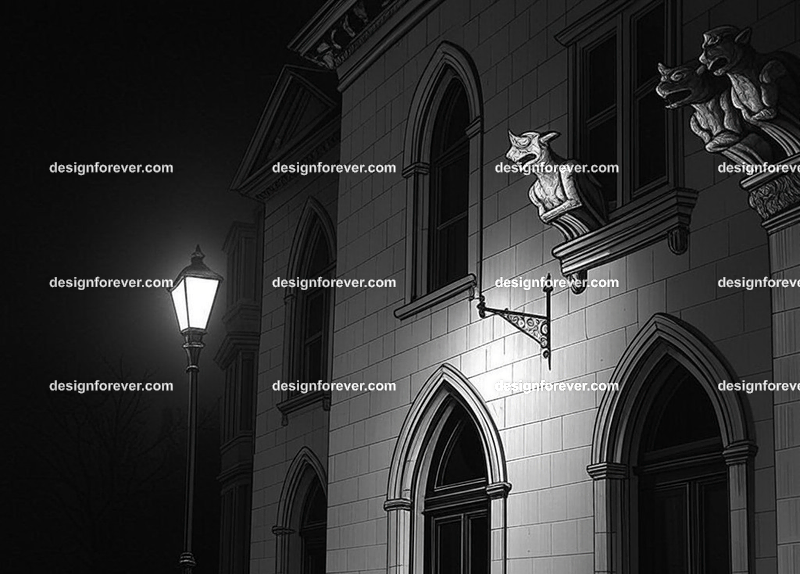 gargoyles in front of woman's home at night shown by street lamp
