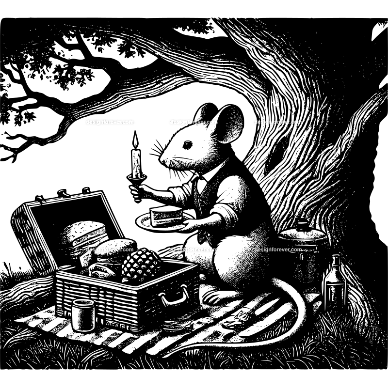 anthromorphic mouse packing food for picnic n his living room inside an old oak tree