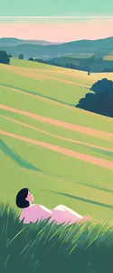 young woman with book lying on grass on hillside