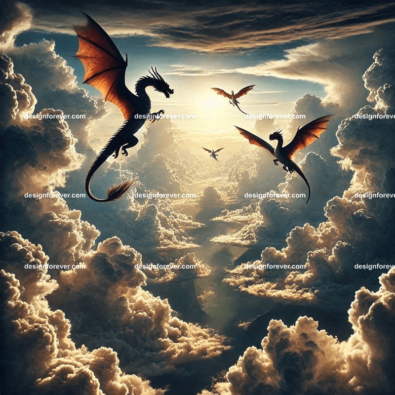The flight of the dragons above majestic clouds