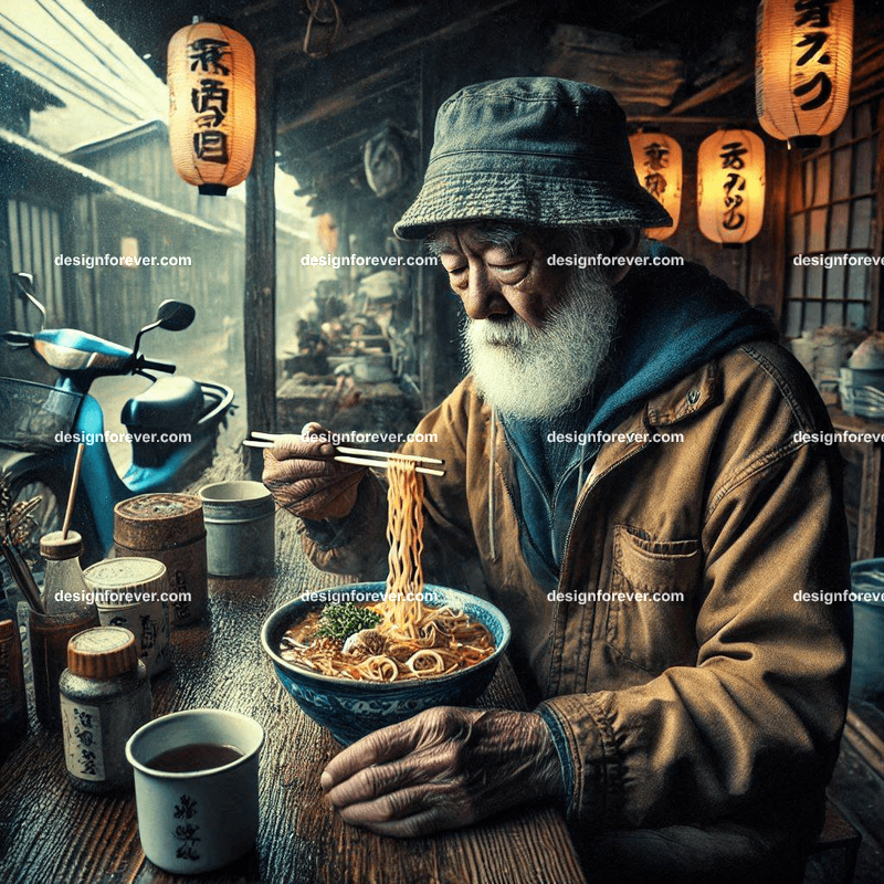 old fisherman eating ramen at shop near ocean village extreme contrast