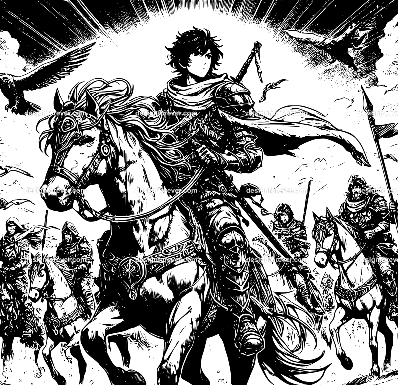 epic magnificient scene of group of adventurers on horseback majestic background