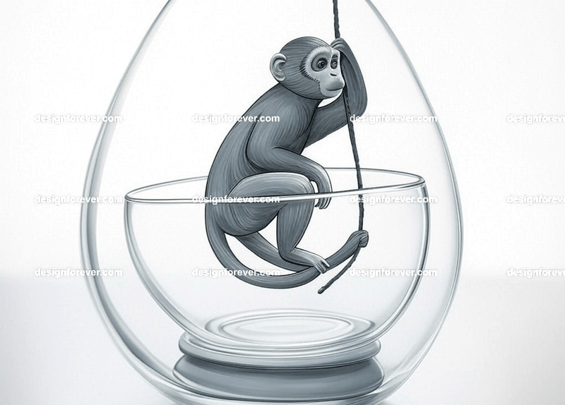 glass monkey swinging within glass bowl like a snow globe