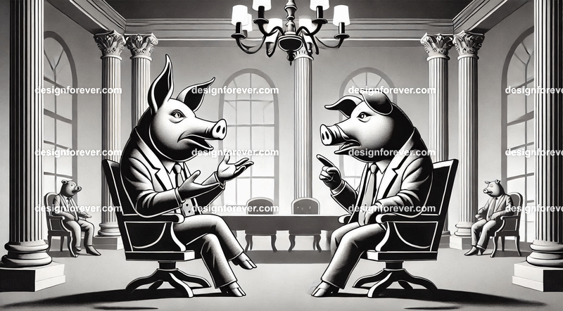 Personified pigs debating politics in a lavish setting