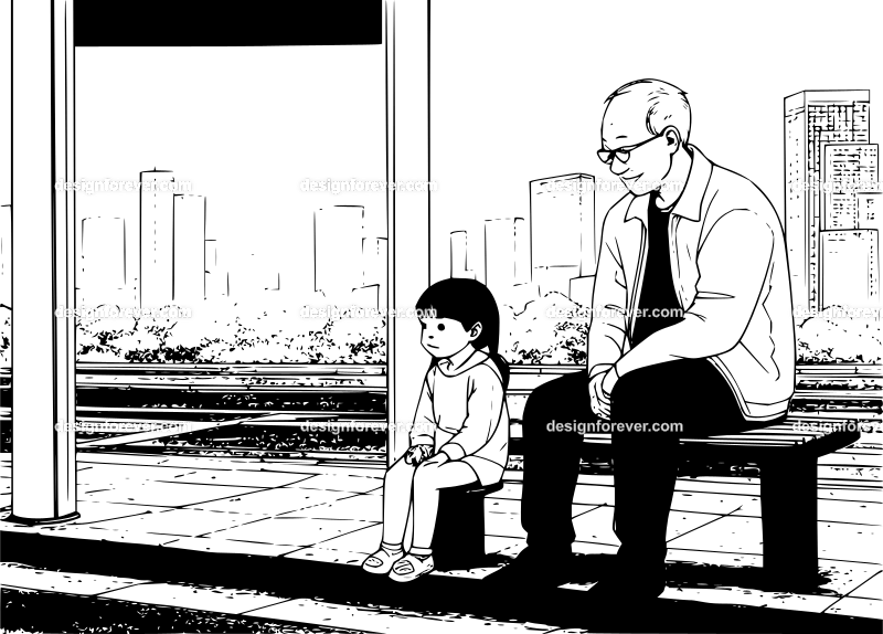 a grandfather and daughter waiting at bus stop