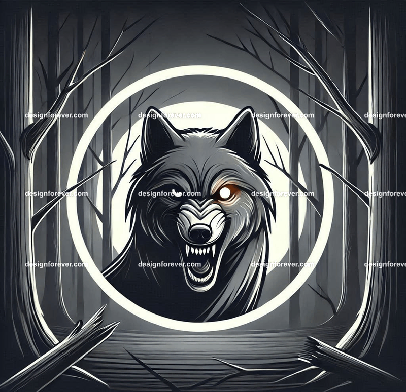 A wolf baring its teeth in a creepy forest with dead trees, barely visible except for its bright eye masked within perfect circle