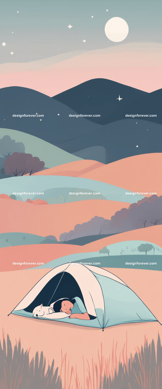 young woman sleeping outside in sleeping bag and tent under night evening sky