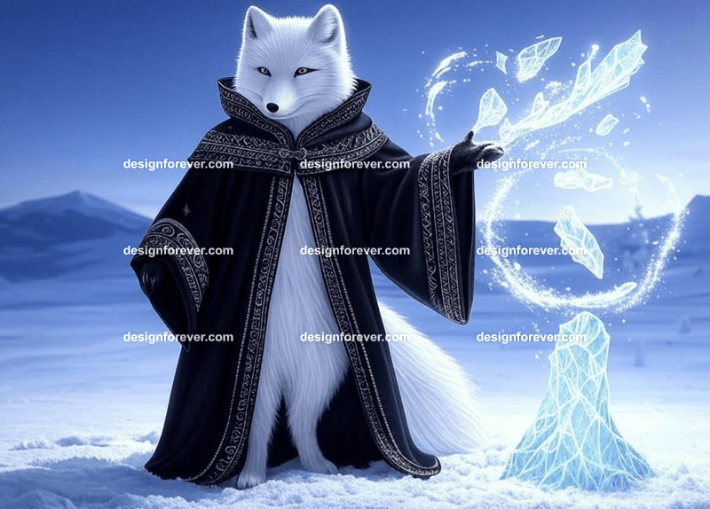 White arctic fox casting ice spells