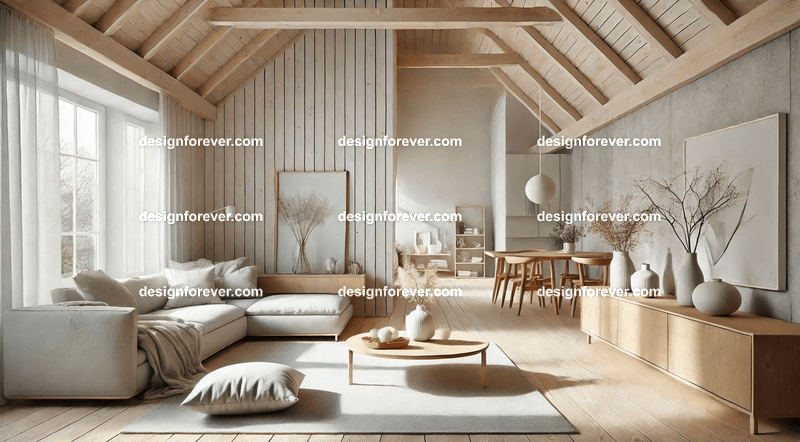 A minimalist Scandinavian interior with light wood textures, clean furniture, and a soothing palette of whites and grays